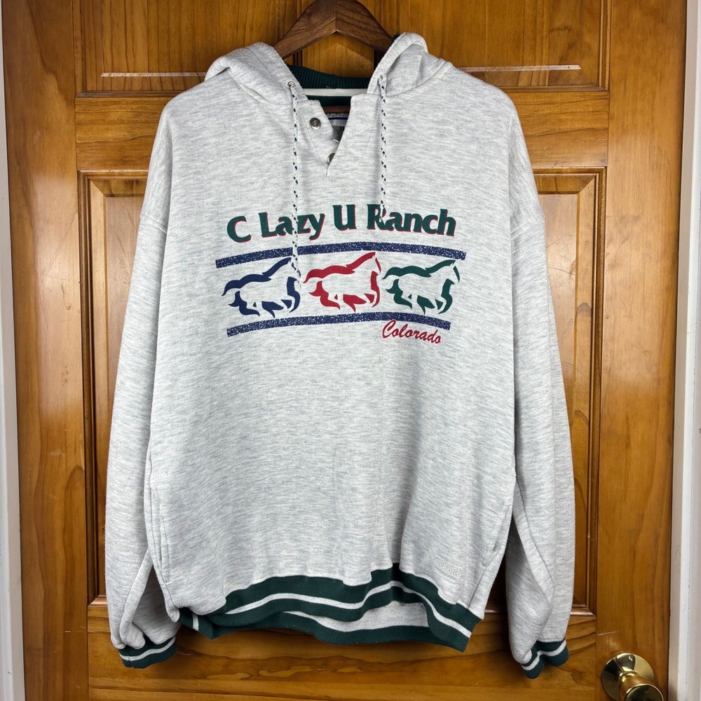 Vtg Gear For Sports C Lazy U Ranch Colorado Horse Hoodie Mens XL Gray Heathered